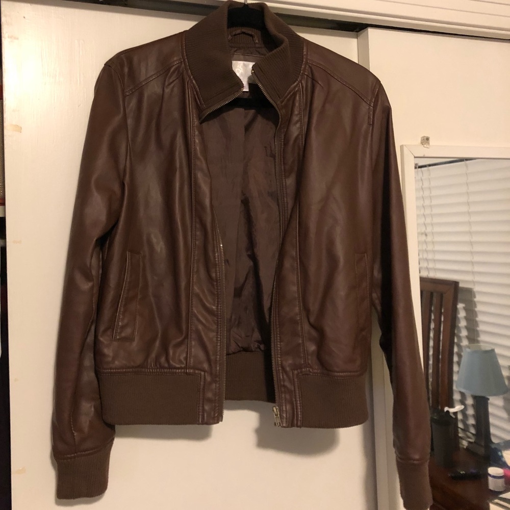 Brown faux leather bomber jacket